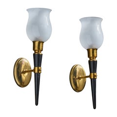 Designer francese, lampade da parete, ottone, legno, vetro, Francia, anni '50