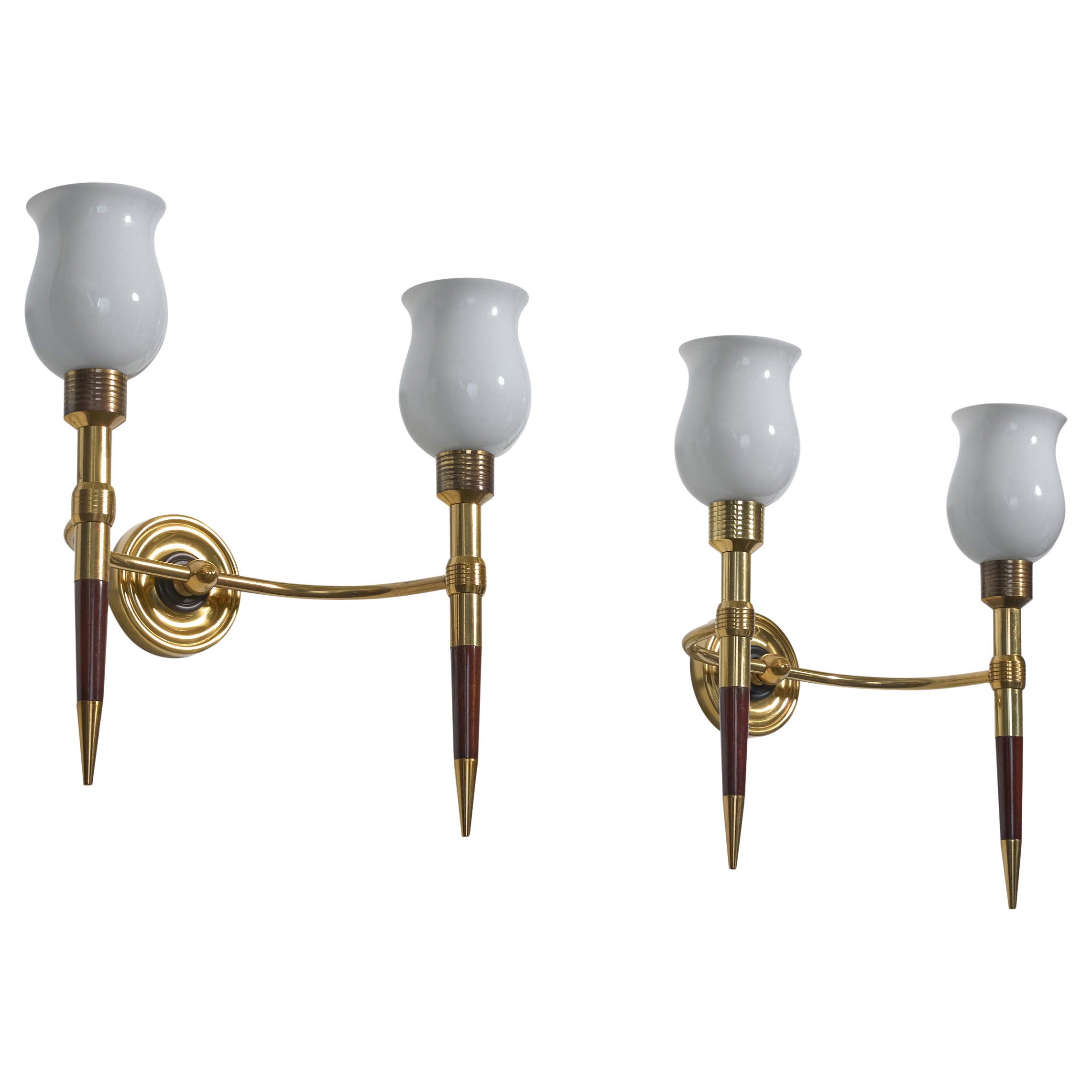 French Designer, Wall Lights, Brass, Wood, Glass, France, 1950s For Sale