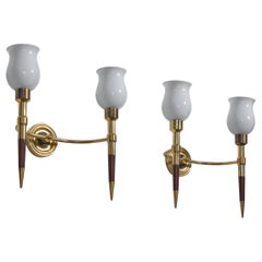 French Designer, Wall Lights, Brass, Wood, Glass, France, 1950s