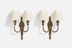 Französischer Designer, Wall Lights, Bronze, Stoff, Frankreich, 1940er Jahre