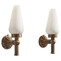 French Designer, Wall Lights, Bronze, Glass, France, 1940s