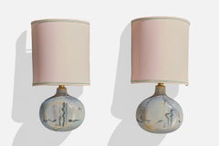 French Designer, Wall Lights, Ceramic, Brass, Fabric, France, 1950s