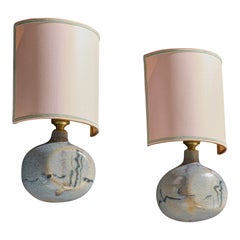 French Designer, Wall Lights, Ceramic, Brass, Fabric, France, 1950s