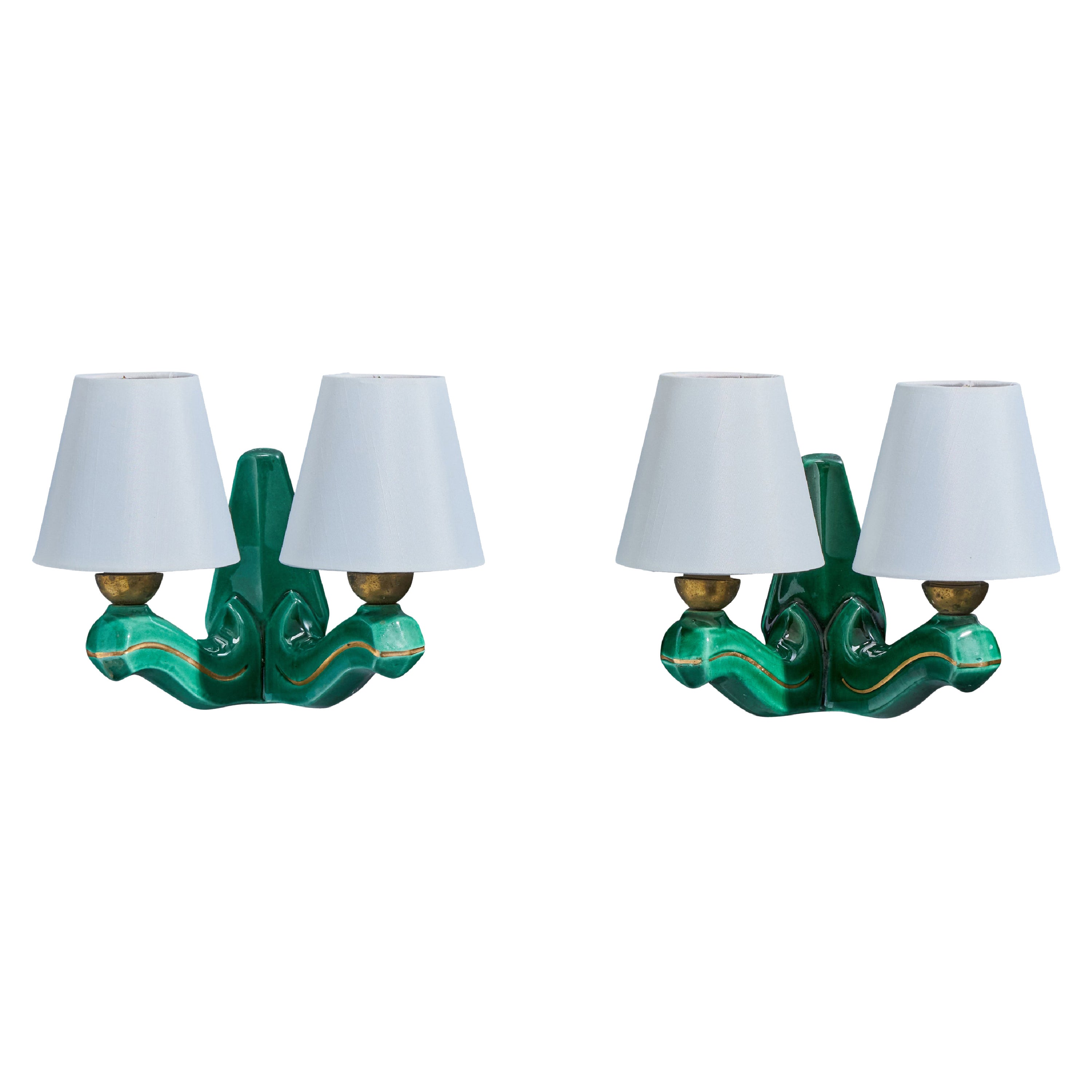 Designer francese, lampade da parete, ceramica, ottone, tessuto, Francia, anni '60