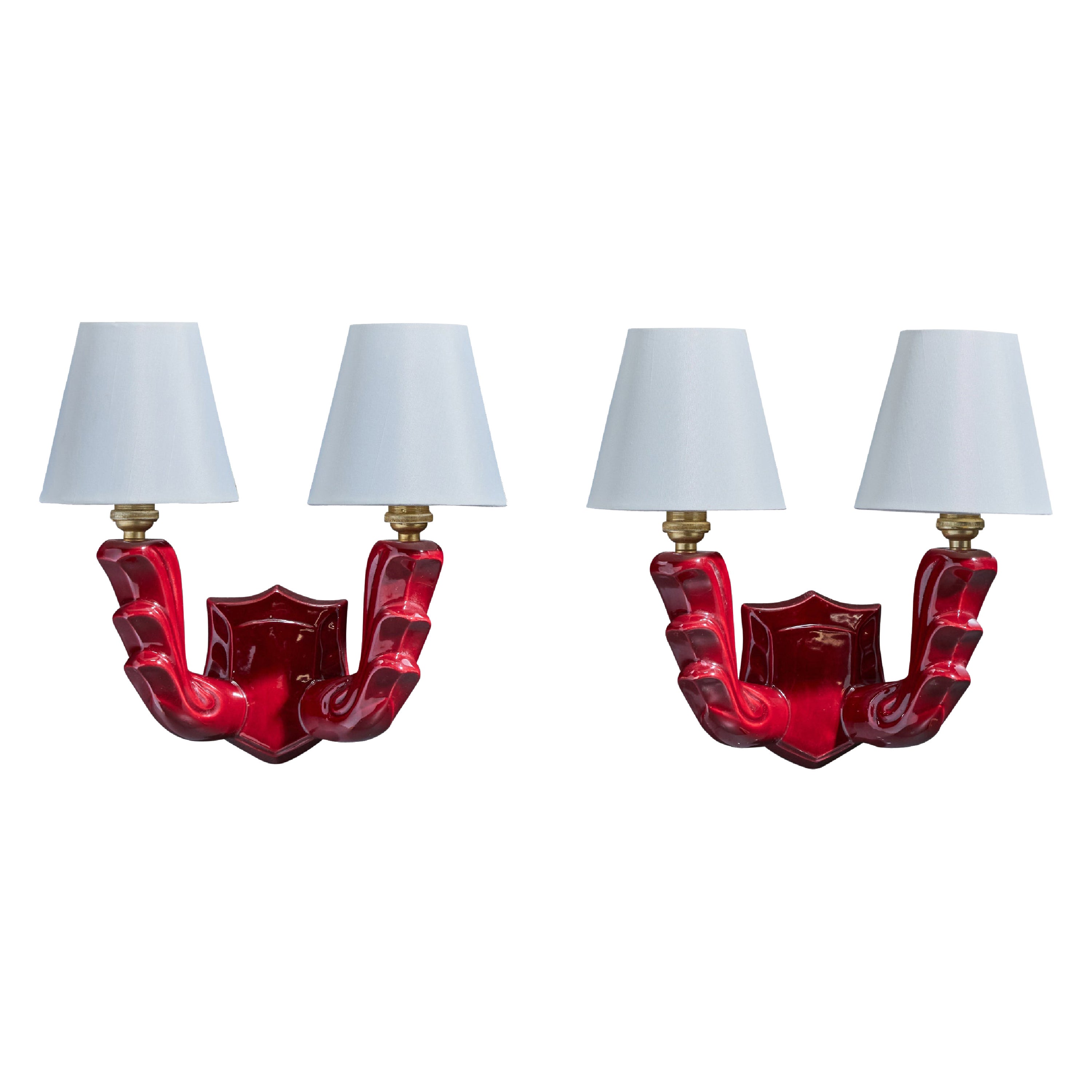 Designer francese, lampade da parete, ceramica, ottone, tessuto, Francia, anni '60 in vendita