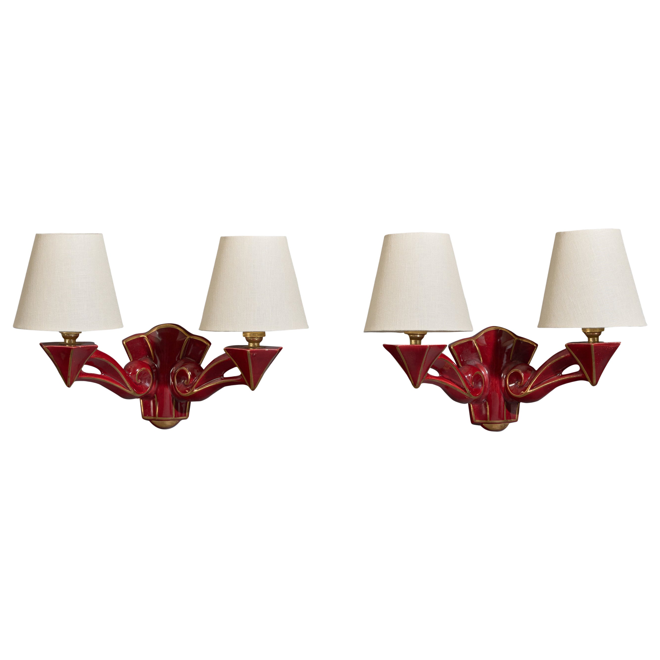 French Designer, Wall Lights, Ceramic, Brass, Fabric, France, 1960s