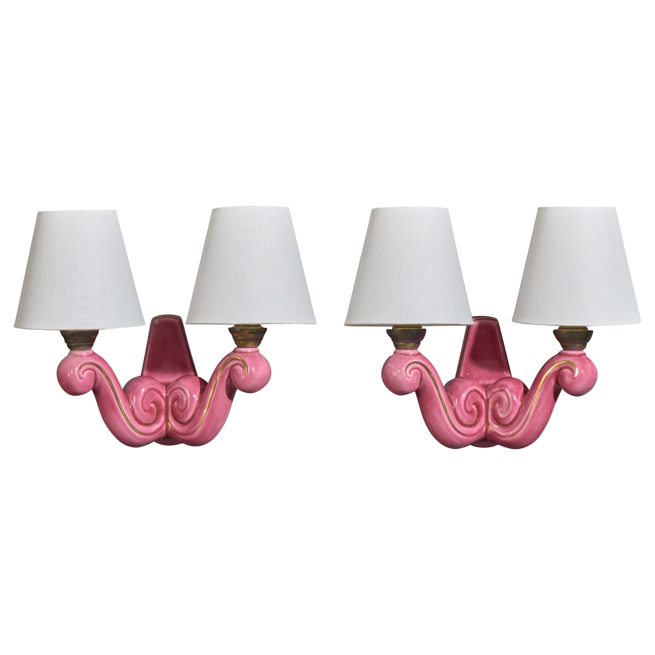 French Designer, Wall Lights, Ceramic, Brass, Fabric, France, 1960s