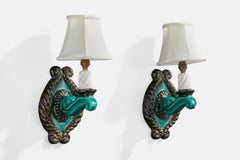 French Designer, Wall Lights, Ceramic, Fabric, France, 1950s