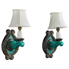 French Designer, Wall Lights, Ceramic, Fabric, France, 1950s