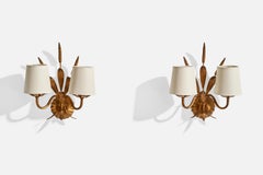 Französischer Designer, Wall Lights, Kupfer, Stoff, Frankreich, 1940er Jahre