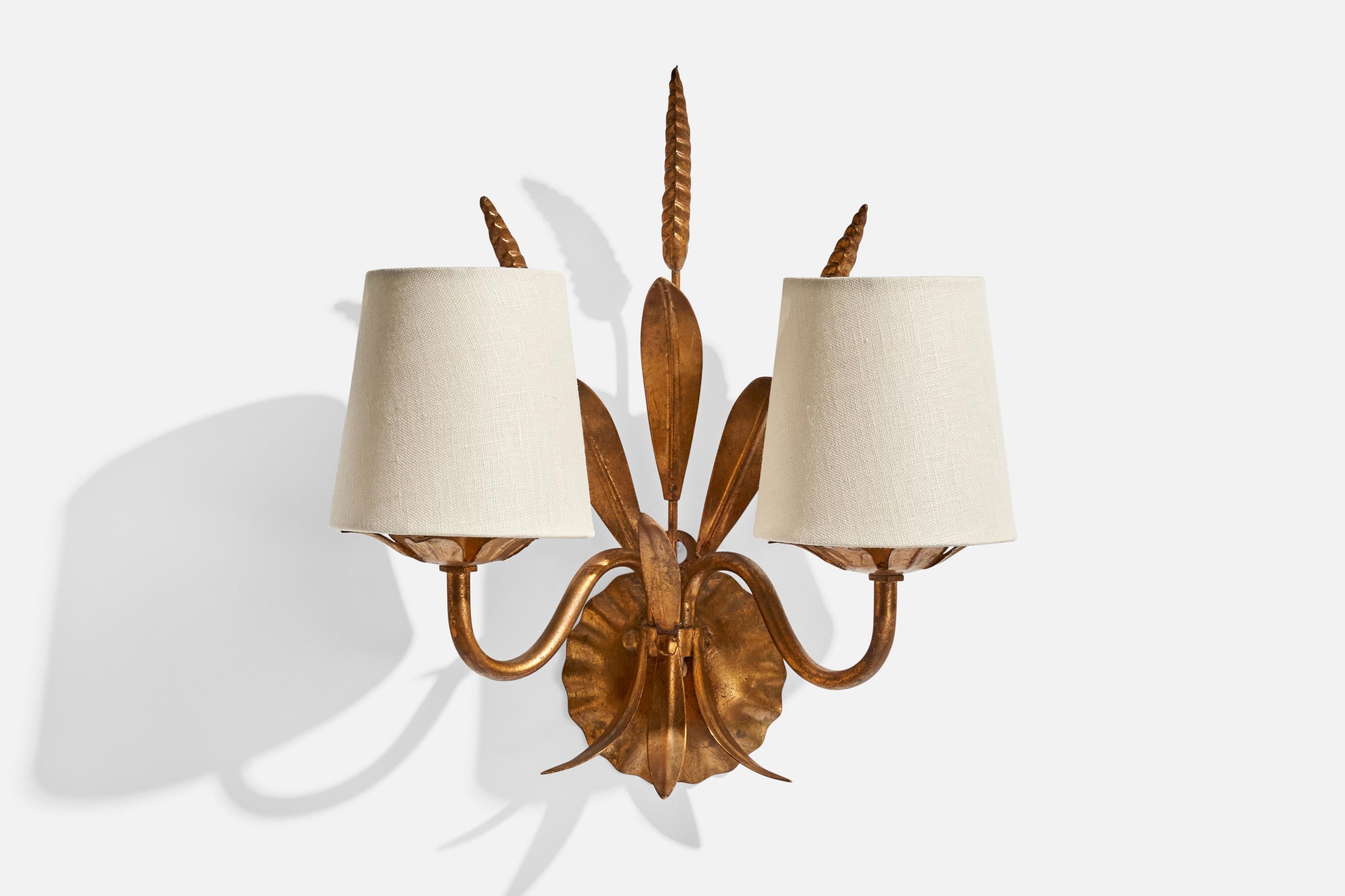 Mid-20th Century French Designer, Wall Lights, Copper, Fabric, France, 1940s For Sale