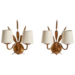 French Designer, Wall Lights, Copper, Fabric, France, 1940s