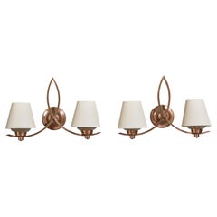 French Designer, Wall Lights, Copper, Glass, Fabric, France, 1950s