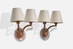 French Designer, Wall Lights, Copper, Glass, Fabric, France, 1960s