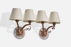 French Designer, Wall Lights, Copper, Glass, Fabric, France, 1960s