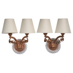 French Designer, Wall Lights, Copper, Glass, Fabric, France, 1960s