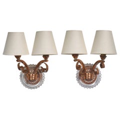 French Designer, Wall Lights, Copper, Glass, Fabric, France, 1960s