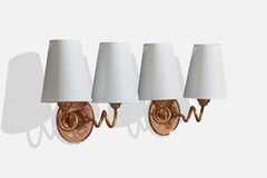 French Designer, Wall Lights, Copper, Mirror, Fabric, France, 1950s