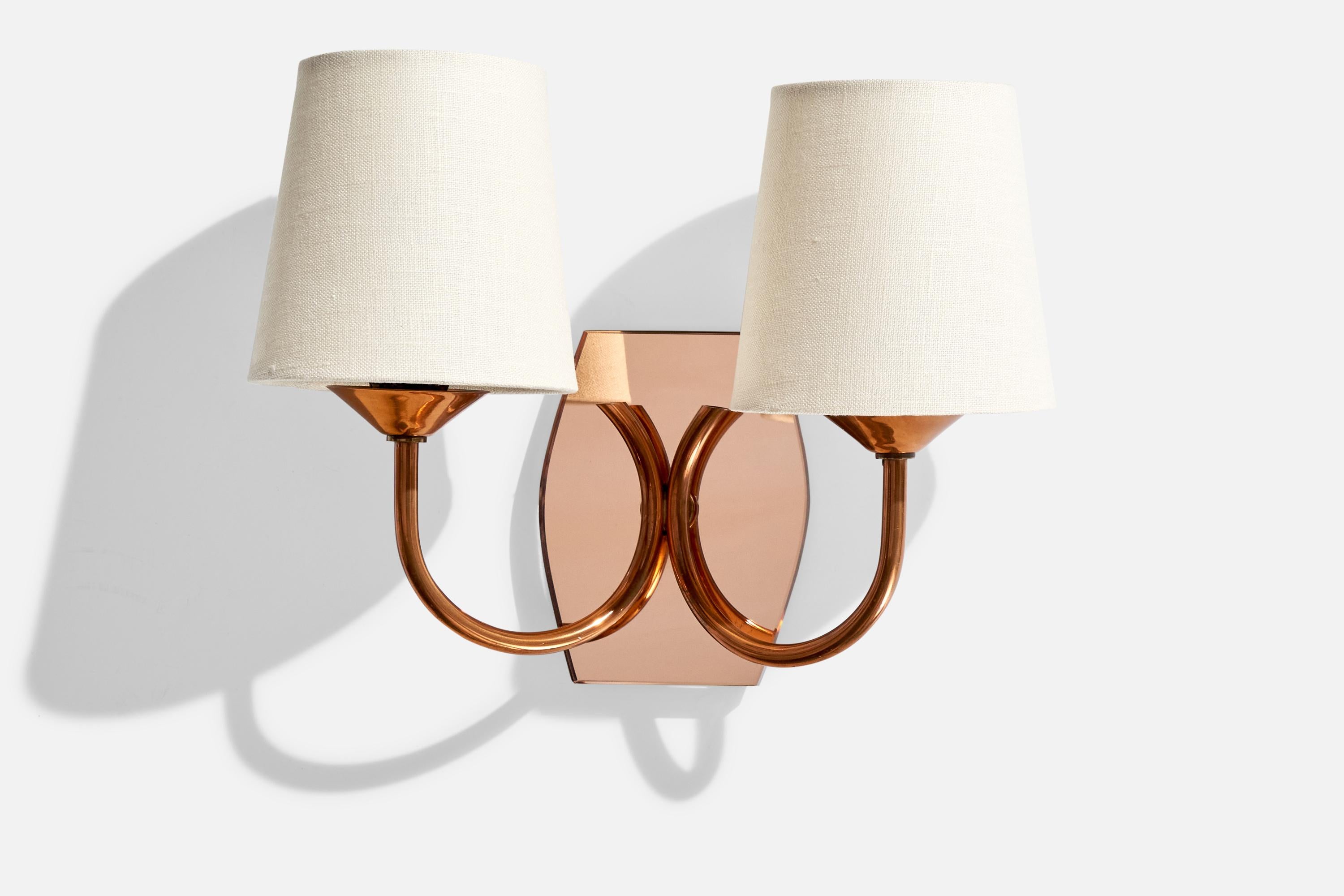 Mid-Century Modern French Designer, Wall Lights, Copper, Mirror, Fabric, France, 1950s For Sale
