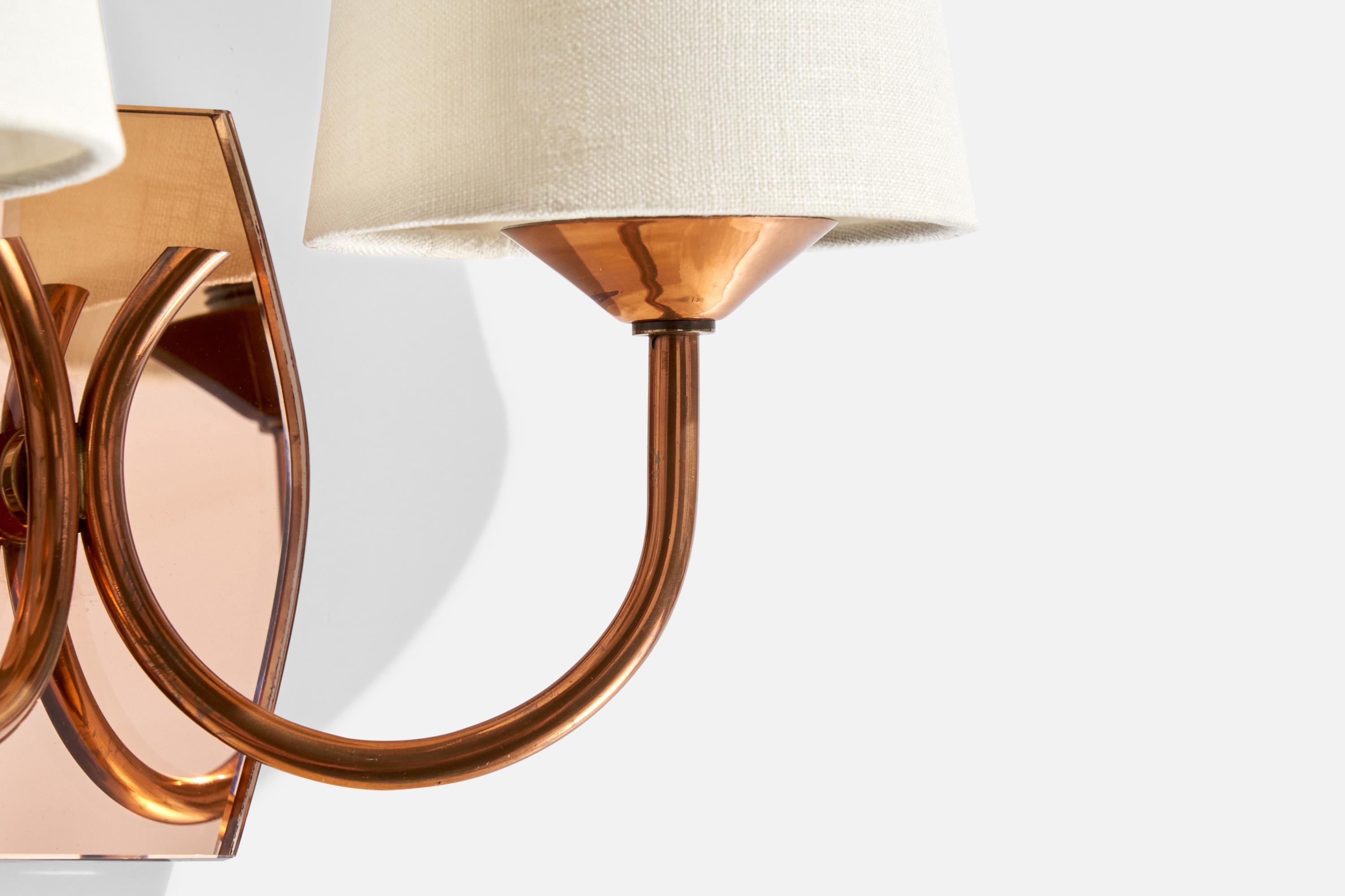 Mid-20th Century French Designer, Wall Lights, Copper, Mirror, Fabric, France, 1950s For Sale