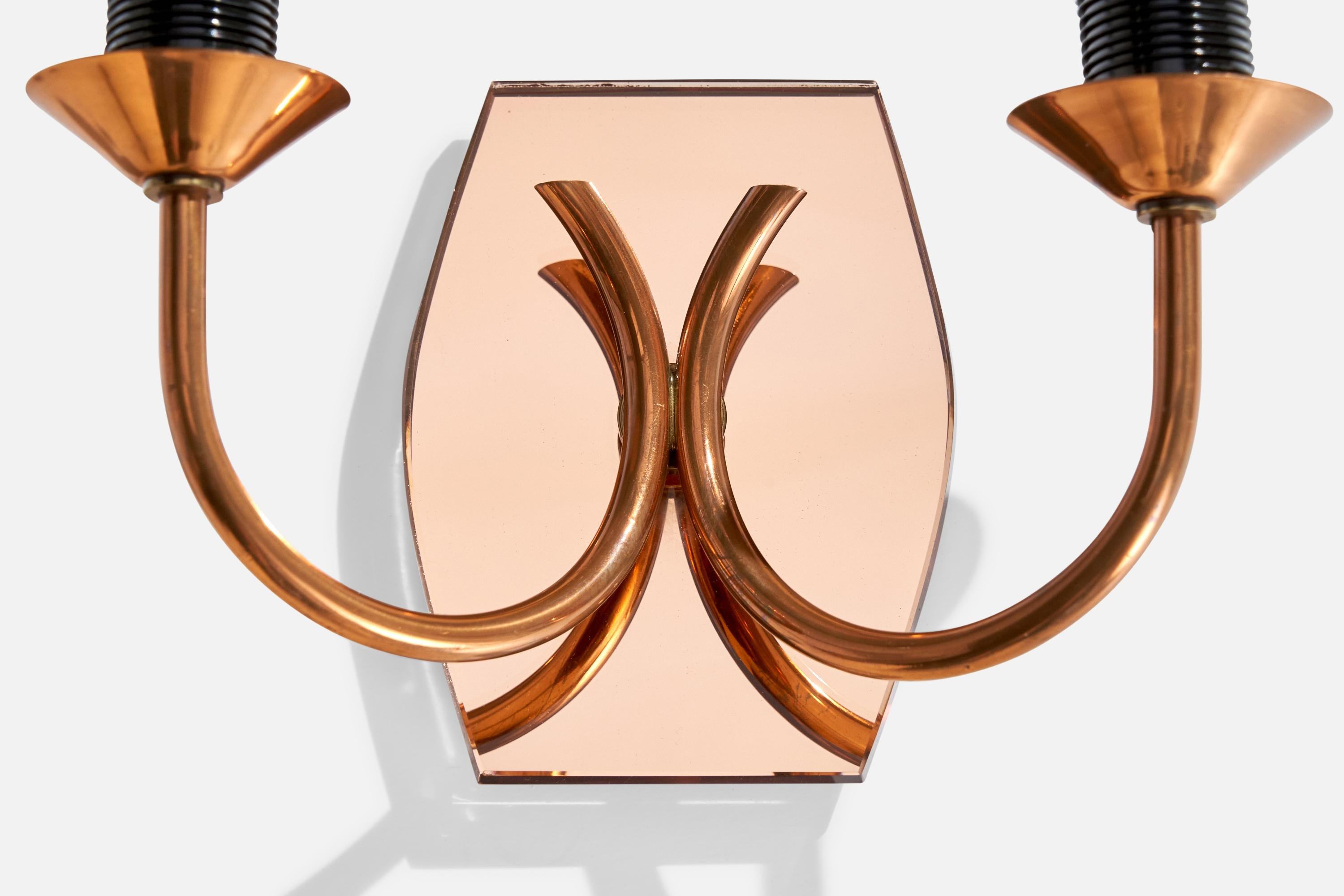 French Designer, Wall Lights, Copper, Mirror, Fabric, France, 1950s For Sale 1