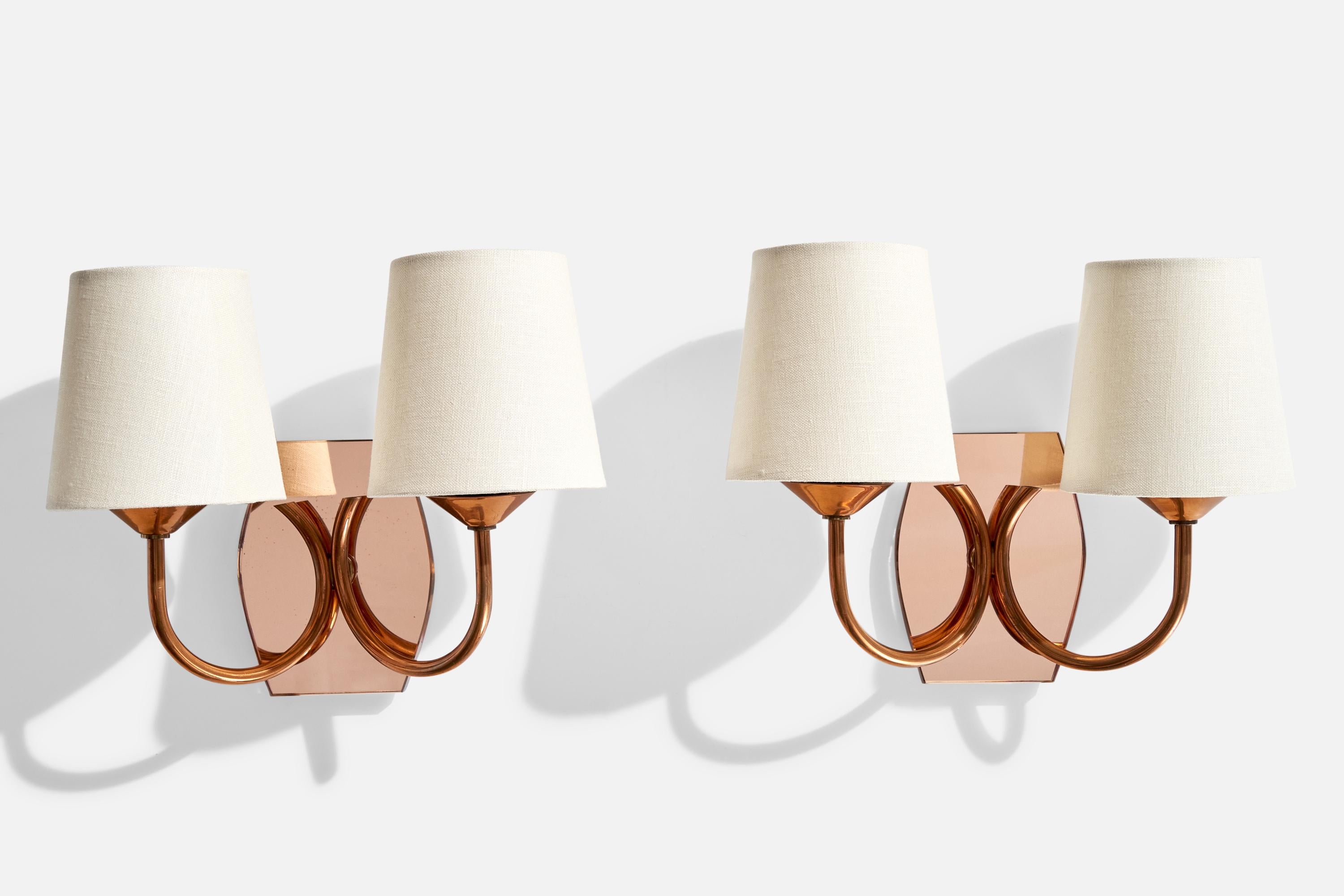 French Designer, Wall Lights, Copper, Mirror, Fabric, France, 1950s For Sale 3