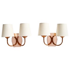 French Designer, Wall Lights, Copper, Mirror, Fabric, France, 1950s