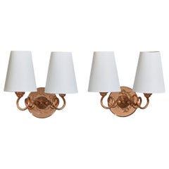 French Designer, Wall Lights, Copper, Mirror, Fabric, France, 1950s