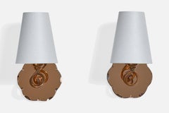 French Designer, Wall Lights, Copper, Mirror, Fabric, France, 1960s