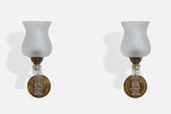 French Designer, Wall Lights, Glass, Brass, Acrylic France, 1960s