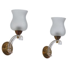 French Designer, Wall Lights, Glass, Brass, Acrylic France, 1960s
