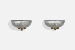 French Designer, Wall Lights, Glass, Brass, France, 1970s