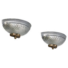 French Designer, Wall Lights, Glass, Brass, France, 1970s