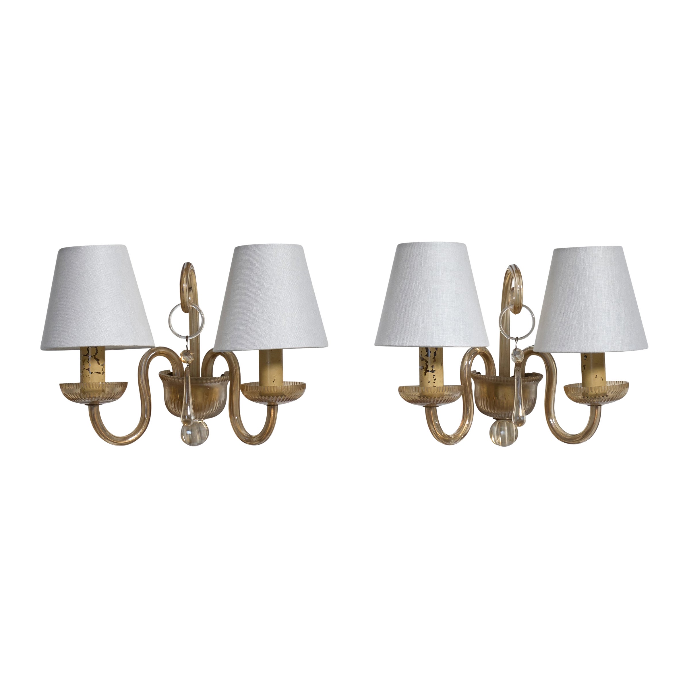 French Designer, Wall Lights, Glass, Fabric, France, 1960s For Sale