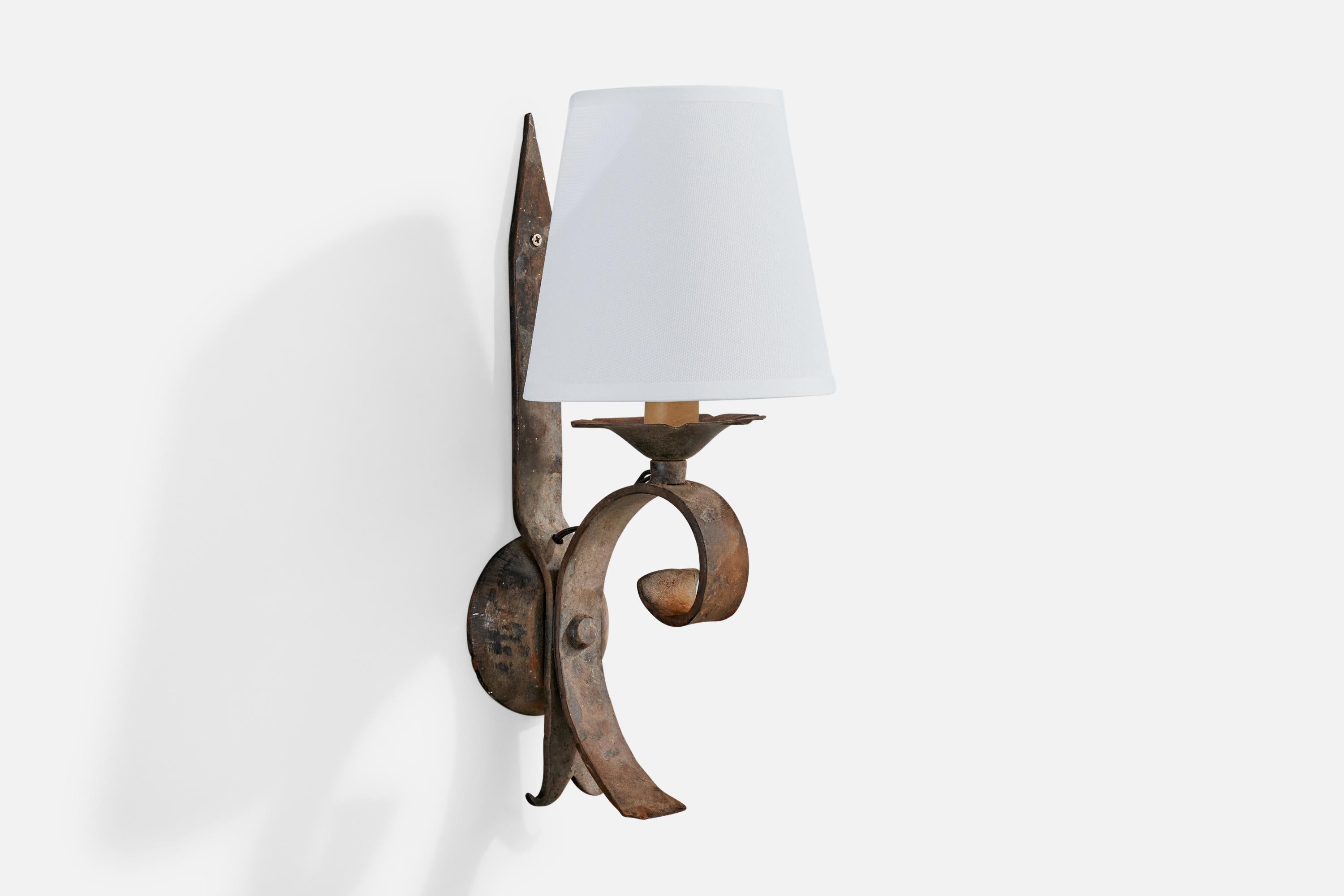 Mid-20th Century French Designer, Wall Lights, Iron, Bakelite, Fabric, France, 1940s For Sale