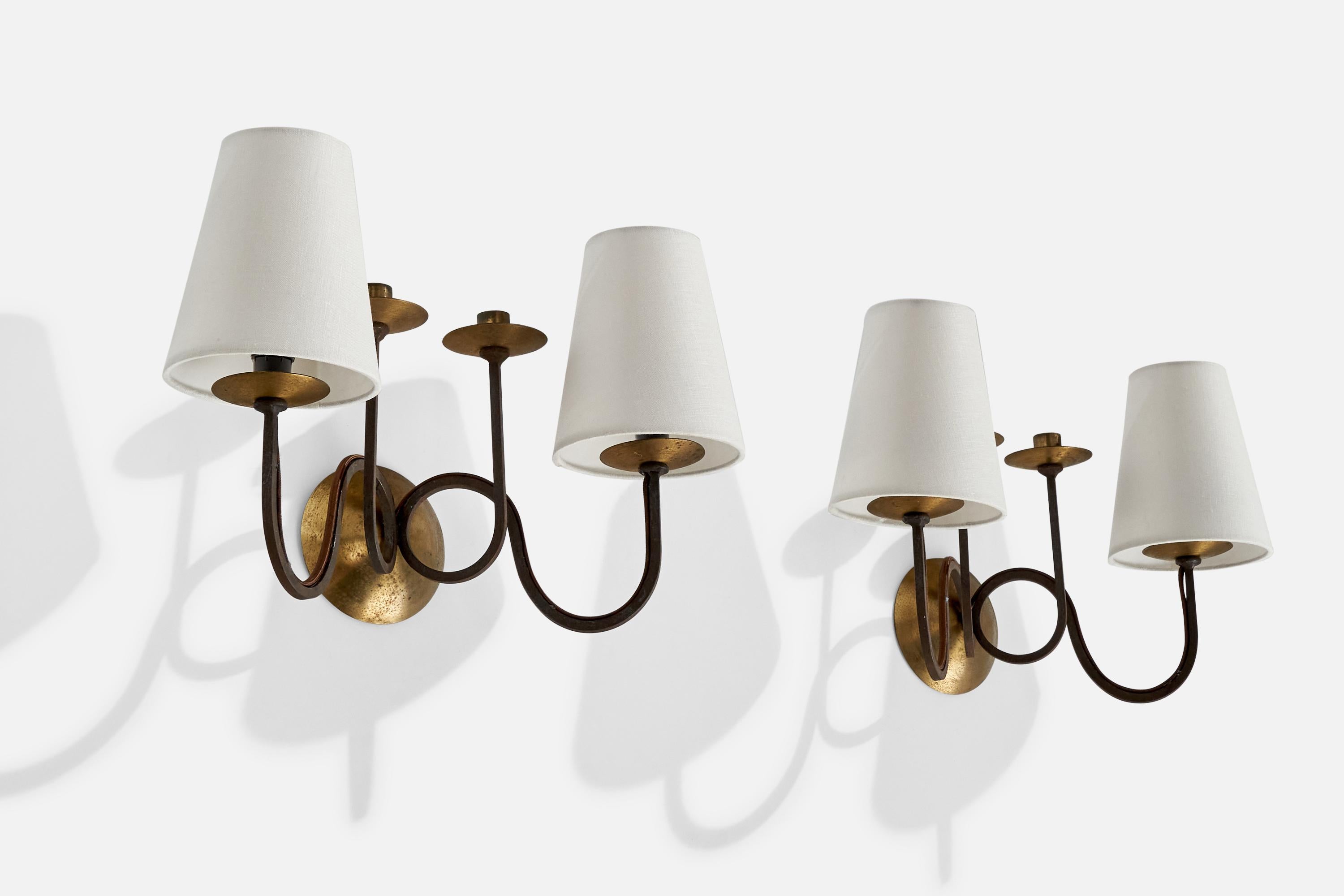 Modern French Designer, Wall Lights, Iron, Brass, Fabric, France, 1940s For Sale