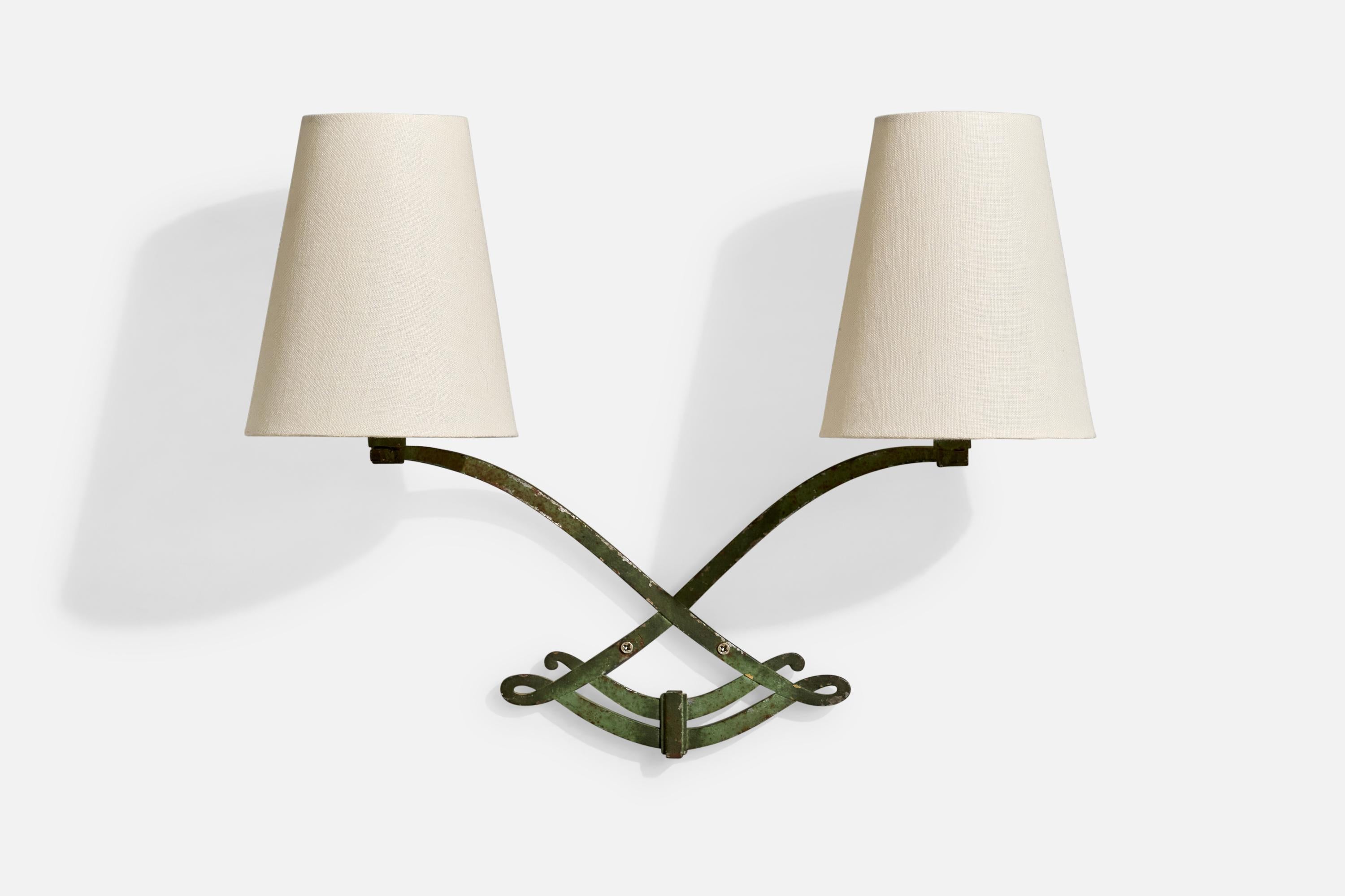 French Designer, Wall Lights, Iron, Brass, Fabric, France, 1940s In Good Condition In High Point, NC