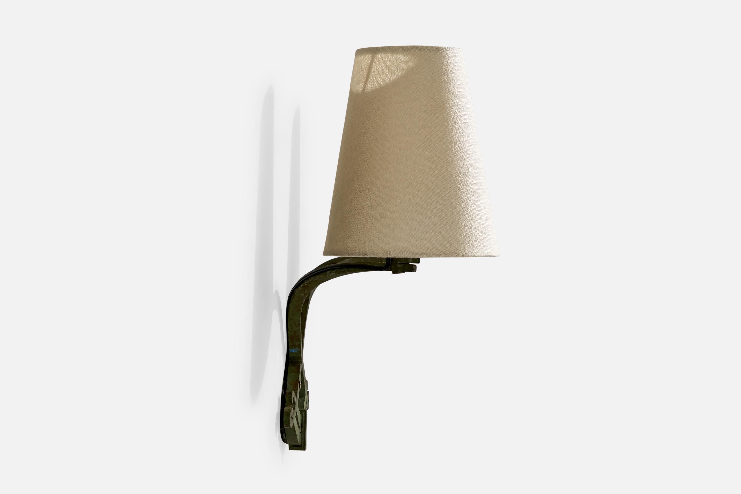 Mid-20th Century French Designer, Wall Lights, Iron, Brass, Fabric, France, 1940s