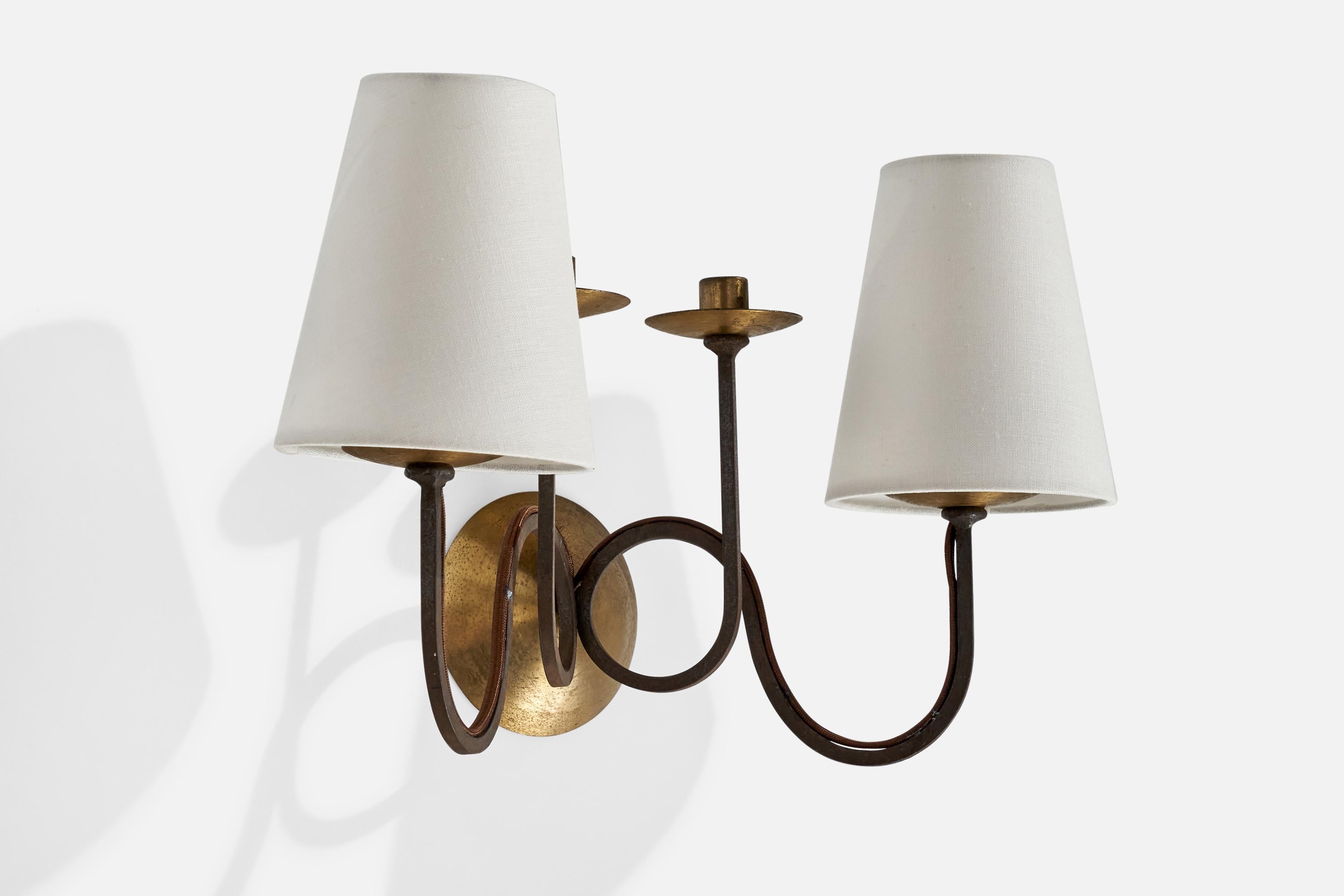 Mid-20th Century French Designer, Wall Lights, Iron, Brass, Fabric, France, 1940s For Sale