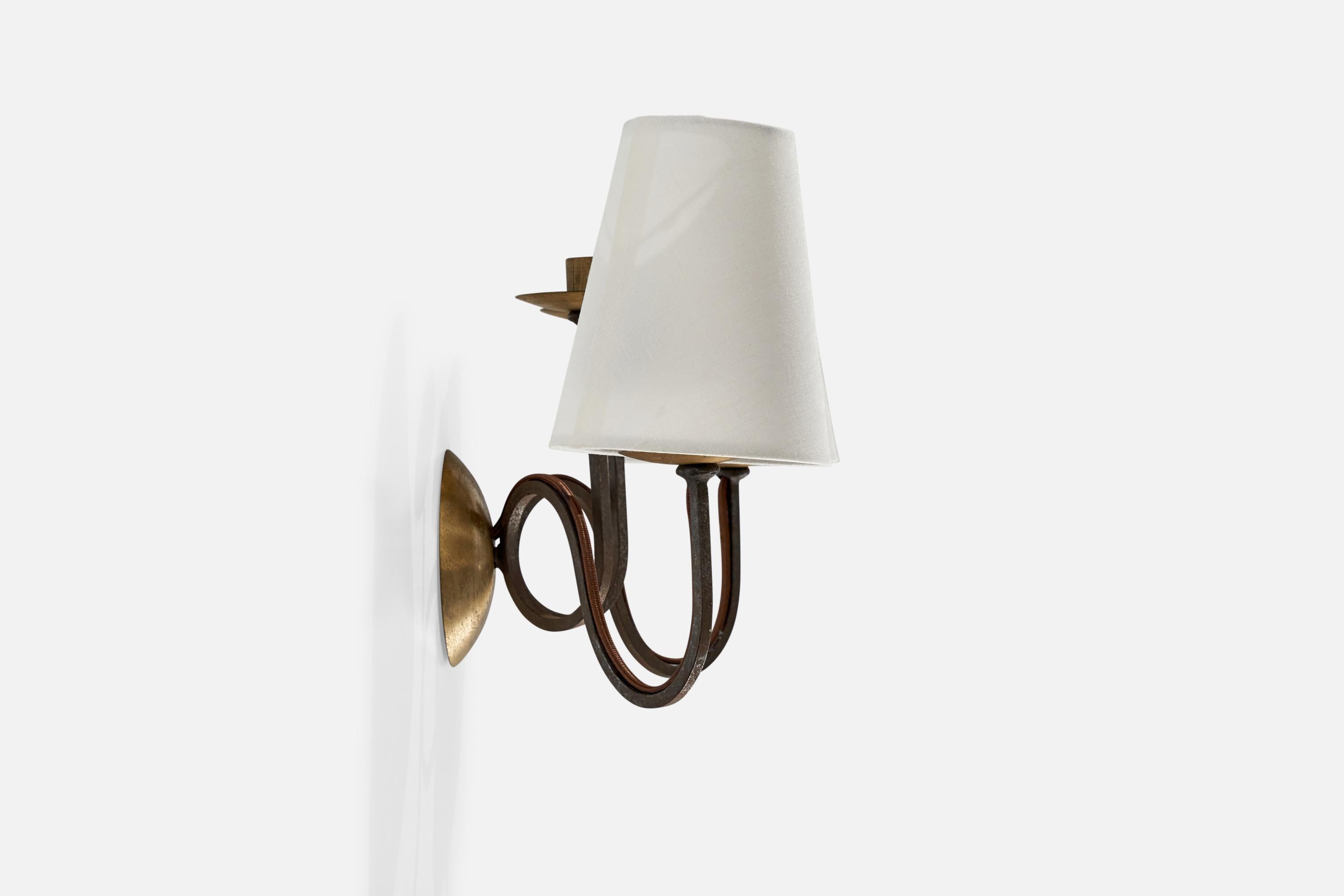 French Designer, Wall Lights, Iron, Brass, Fabric, France, 1940s For Sale 1