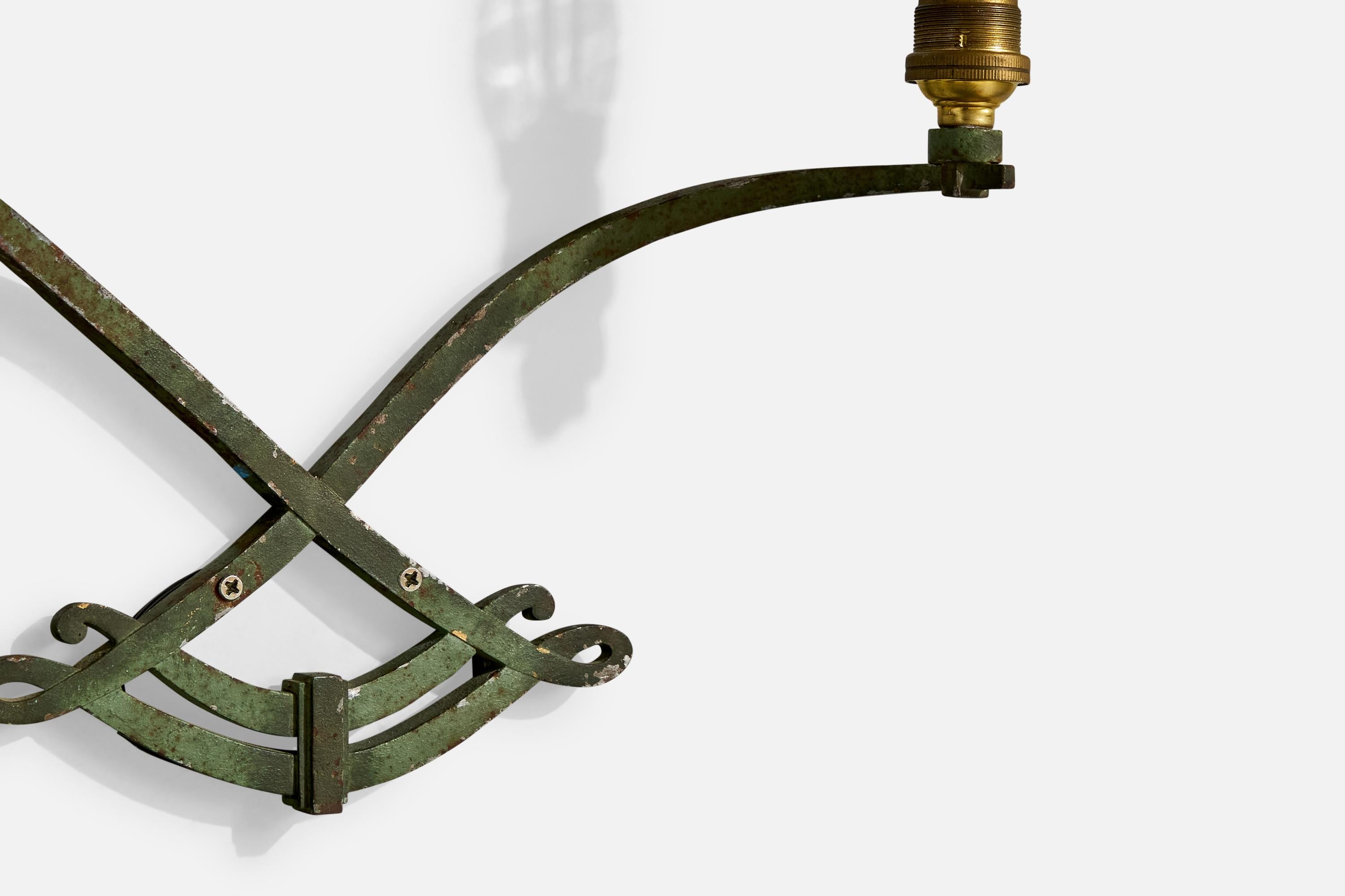 French Designer, Wall Lights, Iron, Brass, Fabric, France, 1940s 2