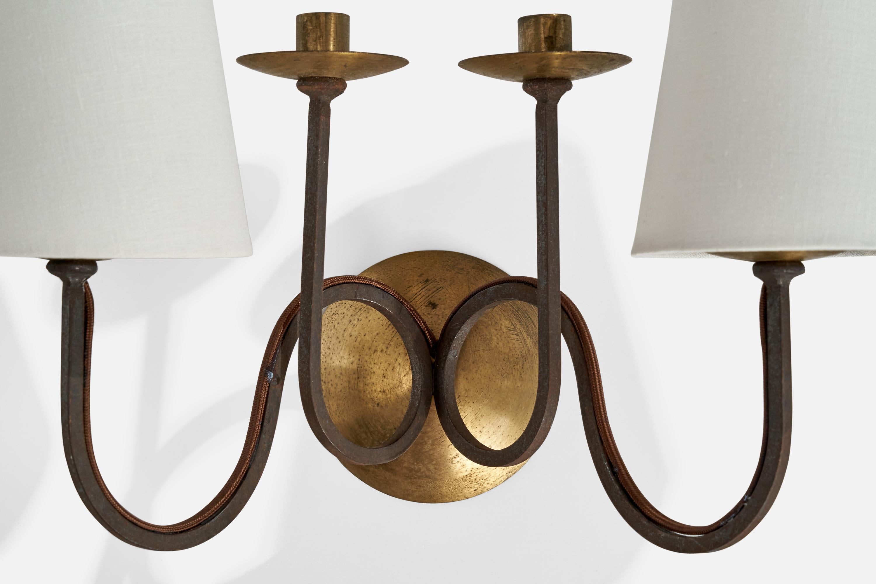 French Designer, Wall Lights, Iron, Brass, Fabric, France, 1940s For Sale 3