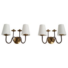 Designer francese, lampade da parete, ferro, ottone, tessuto, Francia, anni '40