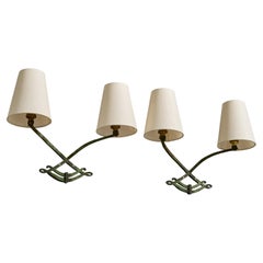 French Designer, Wall Lights, Iron, Brass, Fabric, France, 1940s