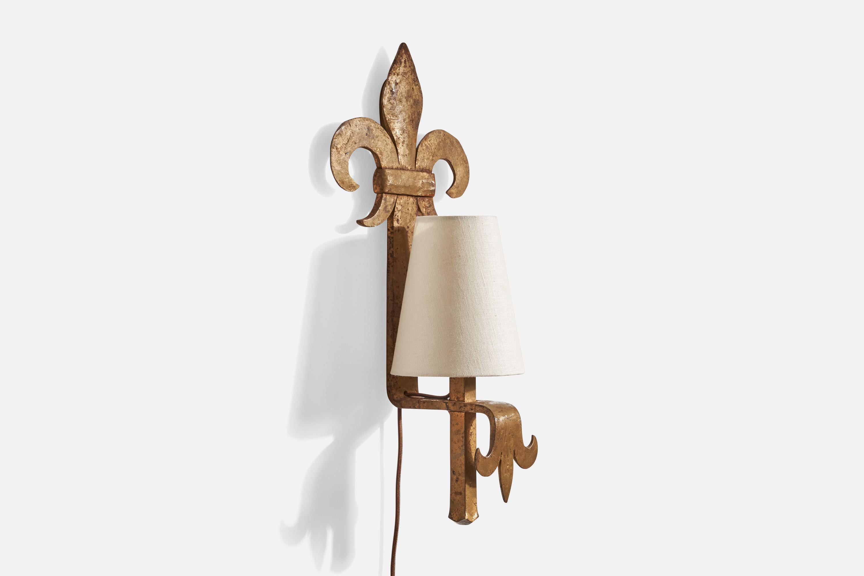 Mid-20th Century French Designer, Wall Lights, Iron, Fabric, France, 1940s For Sale