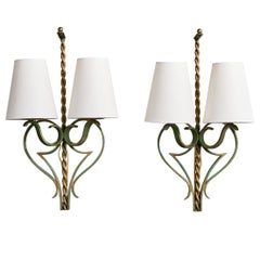 French Designer, Wall Lights, Iron, Fabric, France, 1940s