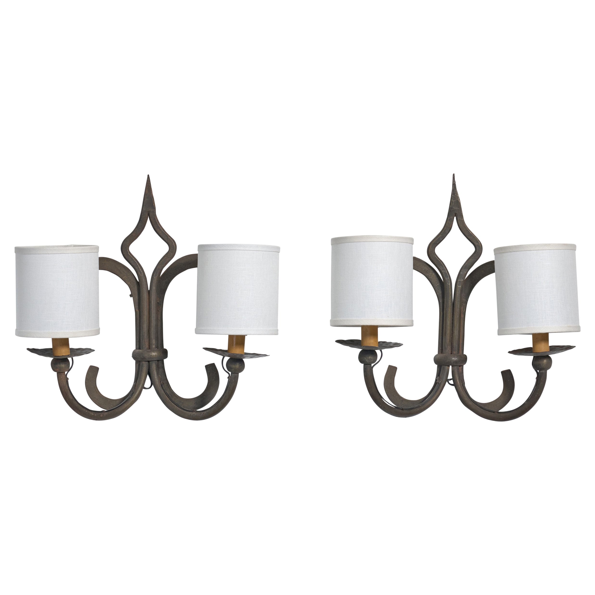 French Designer, Wall Lights, Iron, Fabric, France, 1950s