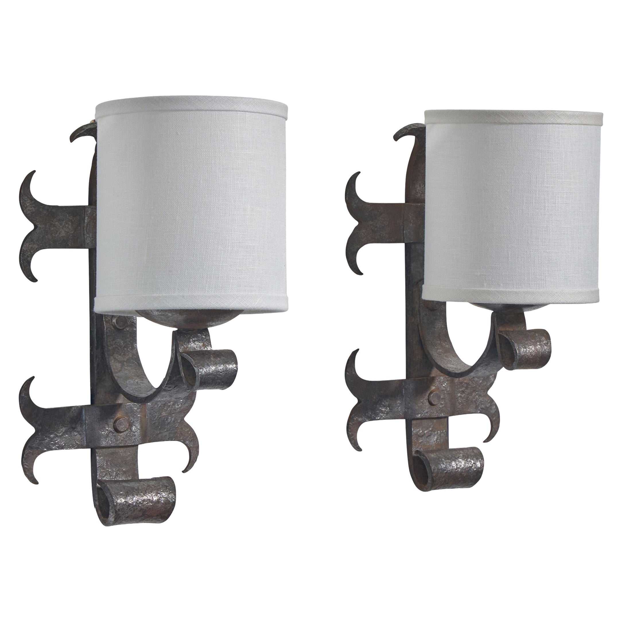 French Designer, Wall Lights, Iron, Fabric, France, 1950s