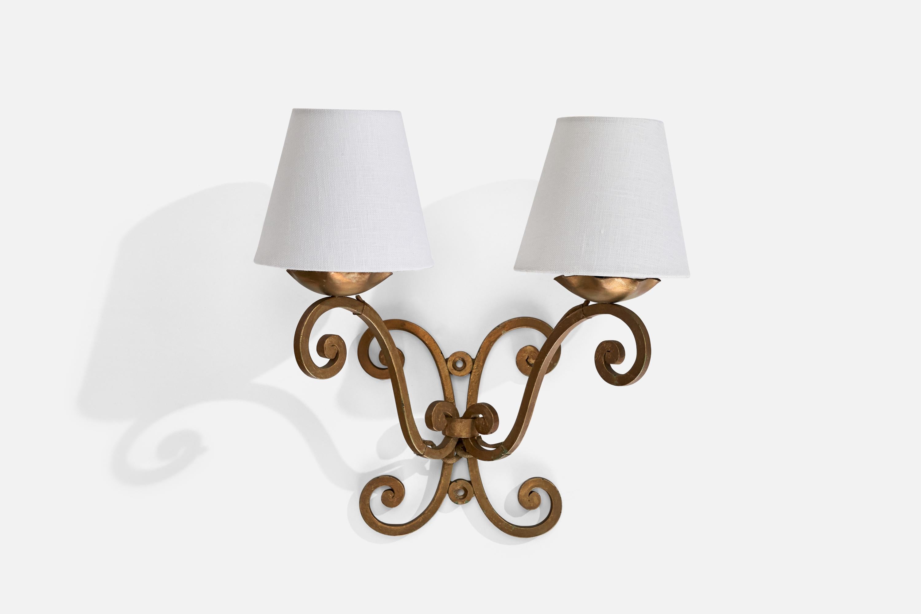 French Designer, Wall Lights, Metal, Fabric, France, 1940s In Good Condition In High Point, NC