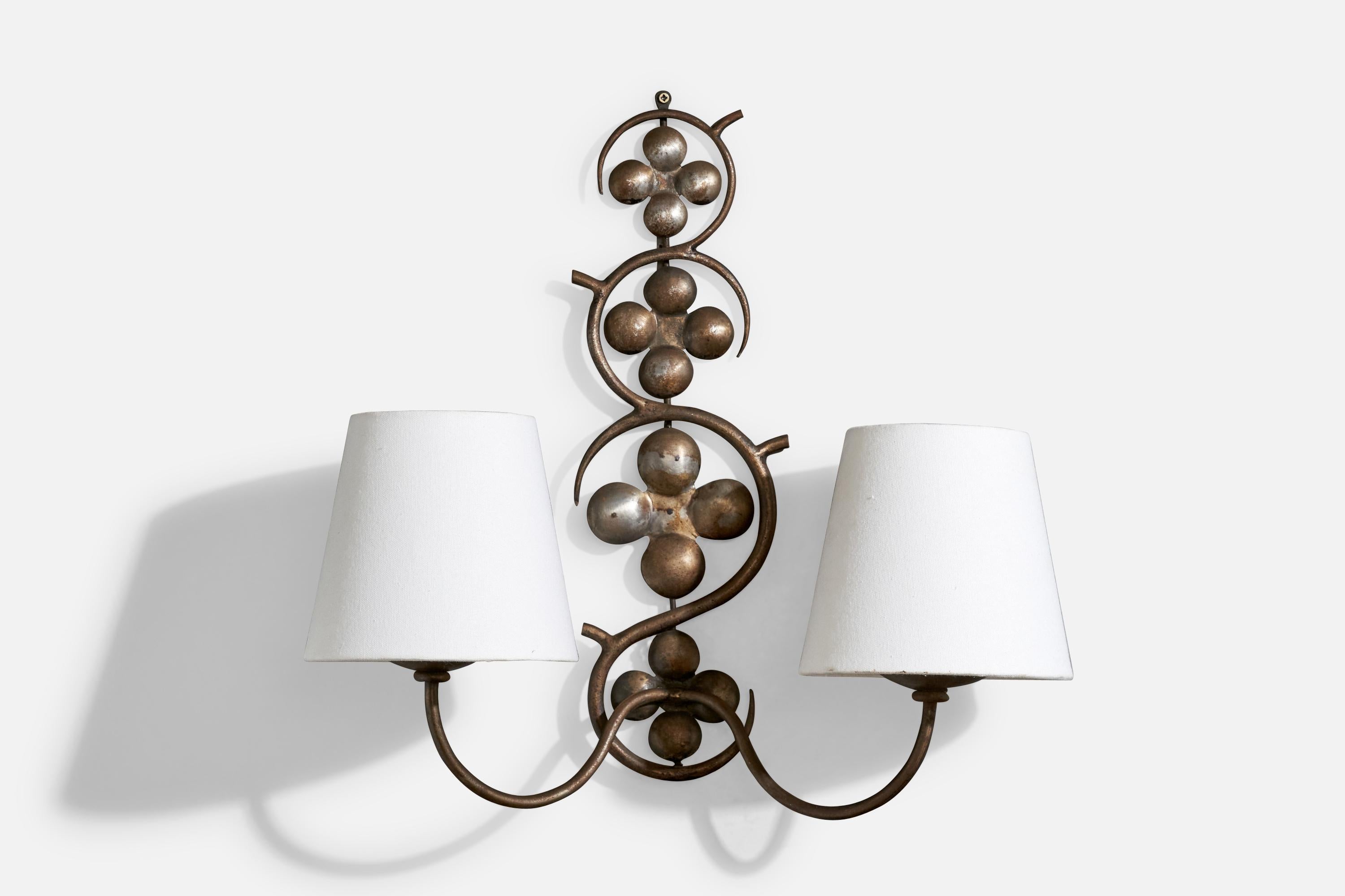 Mid-20th Century French Designer, Wall Lights, Metal, Fabric, France, 1940s For Sale